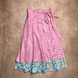 Vintage 90s Layered Geometric Wrap Maxi Skirt Pink Blue Satin Reversible Boho